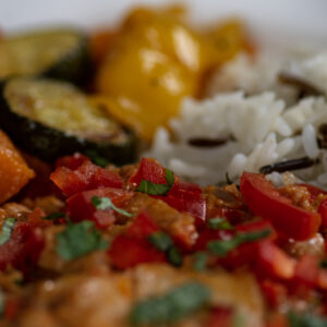 Zanzibar Fish Curry, Rice and Roasted Mediterranean Vegetables